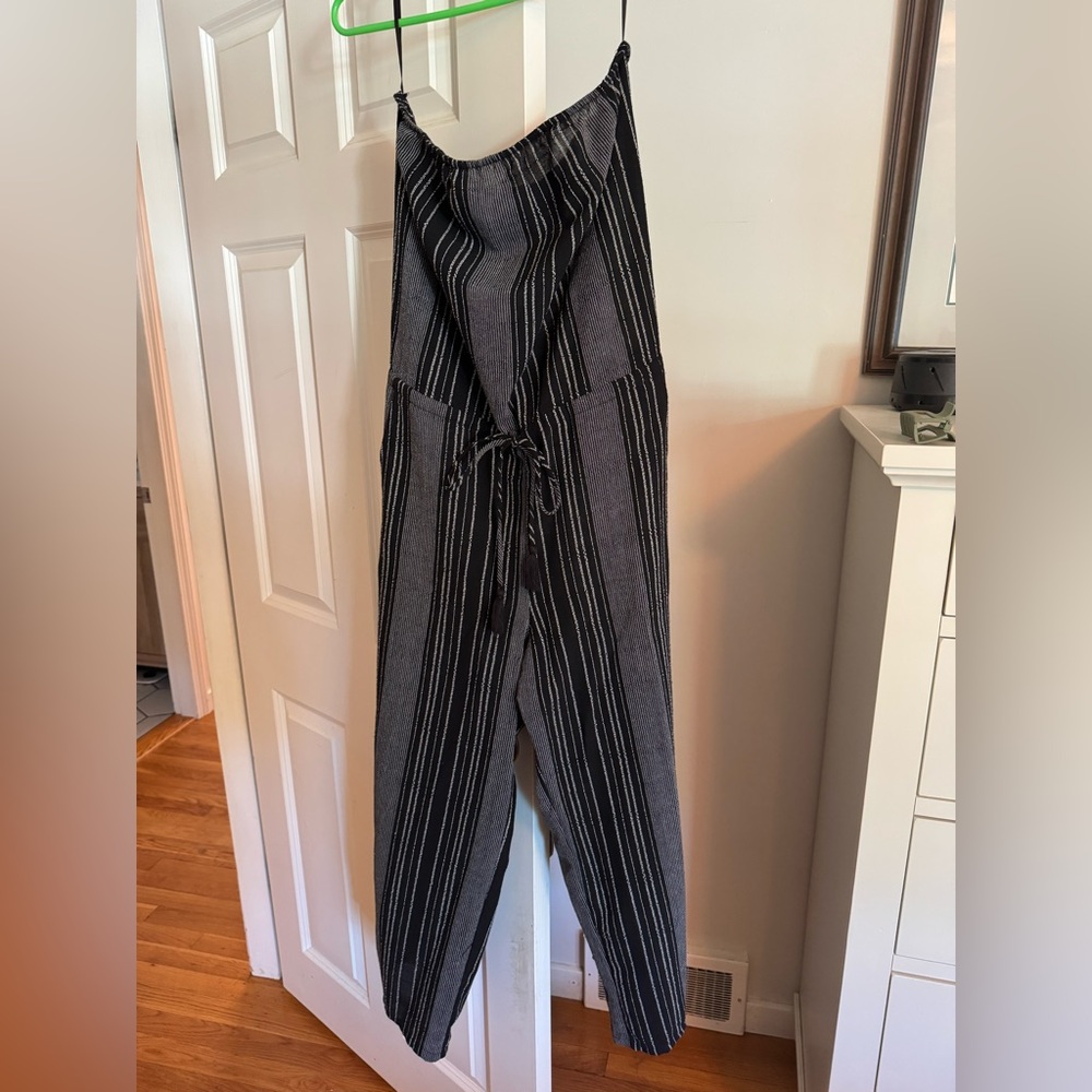 Aakaa Black and Gray Pinstripe Jumpsuit with Tie Waist